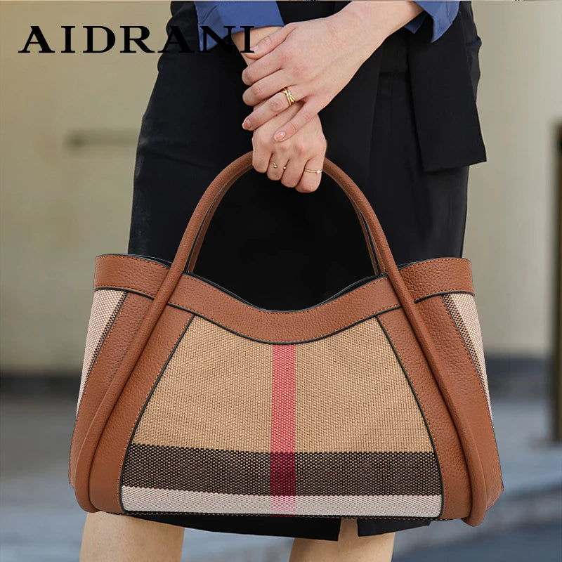 2024 New Retro Checkered Women'S Handbag, Large Capacity Luxury Bag, Canvas Genuine Leather Bag