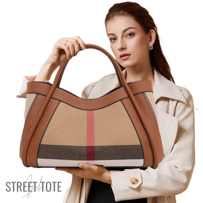 2025 New Retro Checkered Women'S Handbag, Large Capacity Luxury Bag, Canvas Genuine Leather Bag