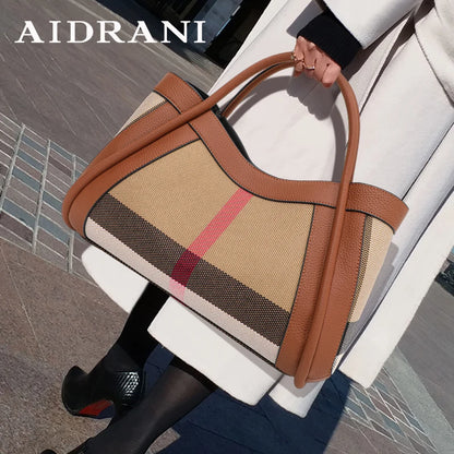 2024 New Retro Checkered Women'S Handbag, Large Capacity Luxury Bag, Canvas Genuine Leather Bag