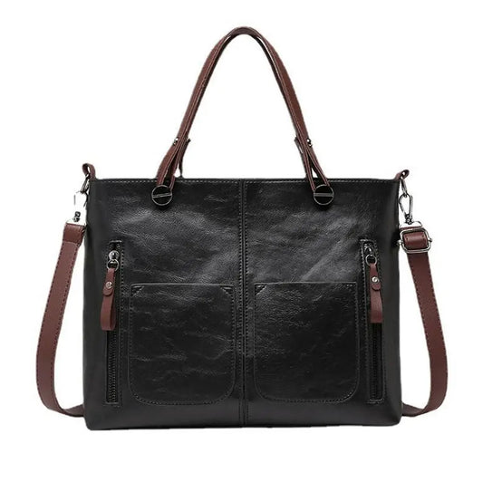 PU Leather Vintage Multi-Pocket Tote Bag with Adjustable Shoulder Strap and Large Capacity for Versatile Shopping