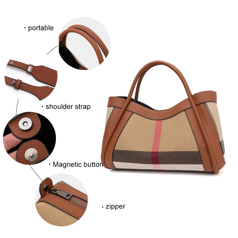 2024 New Retro Checkered Women'S Handbag, Large Capacity Luxury Bag, Canvas Genuine Leather Bag