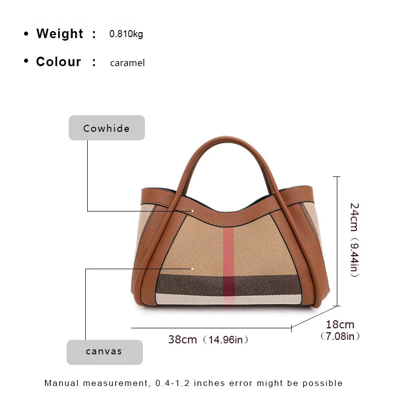 2024 New Retro Checkered Women'S Handbag, Large Capacity Luxury Bag, Canvas Genuine Leather Bag